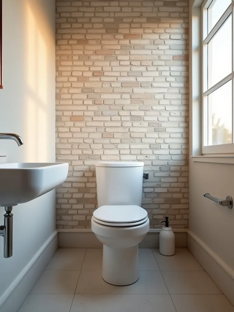 Bathroom with a faux brick wallpaper.