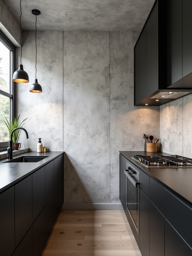A modern, industrial kitchen featuring a faux concrete wallpaper wall