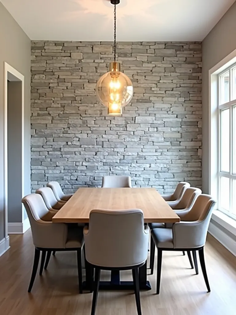 Dining room featuring a neutral gray faux stone accent wall