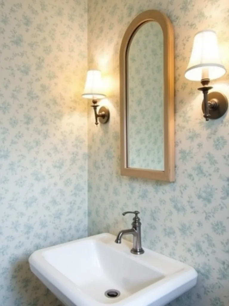 Bathroom featuring a subtle small floral wallpaper.