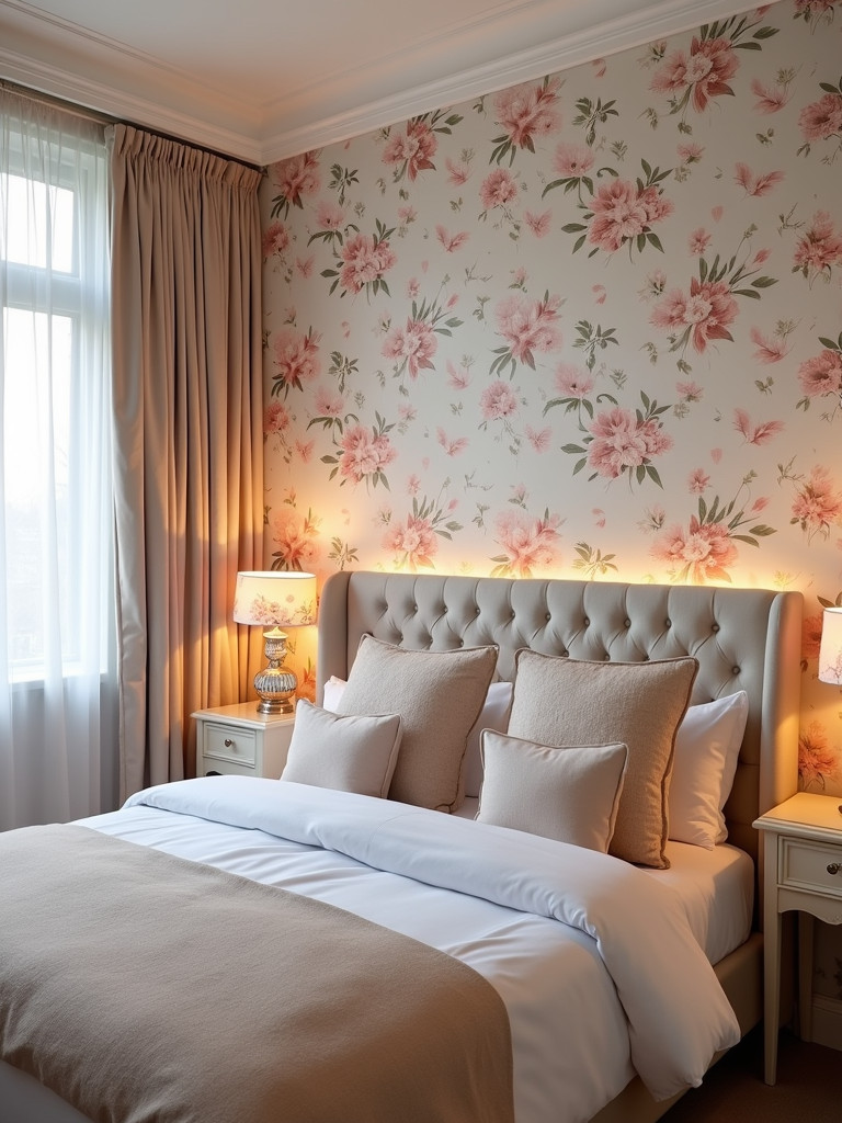 A romantic bedroom featuring a floral wallpaper accent wall, complemented by elegant furnishings and soft lighting.