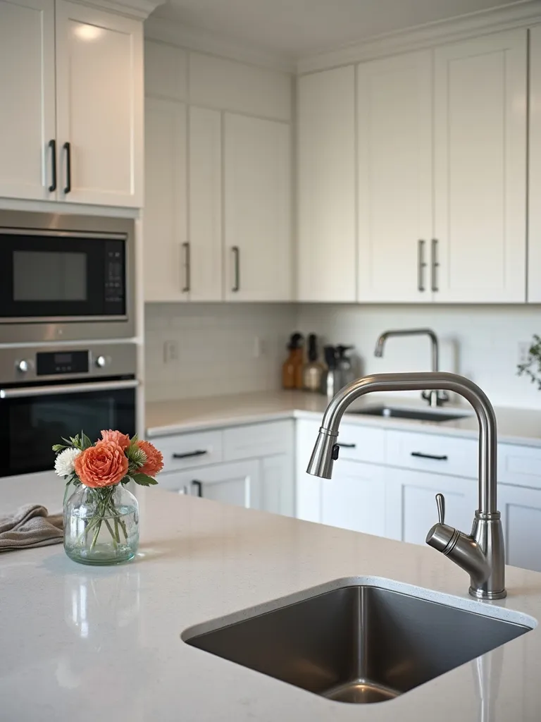 modern kitchen with silver metal hardware.