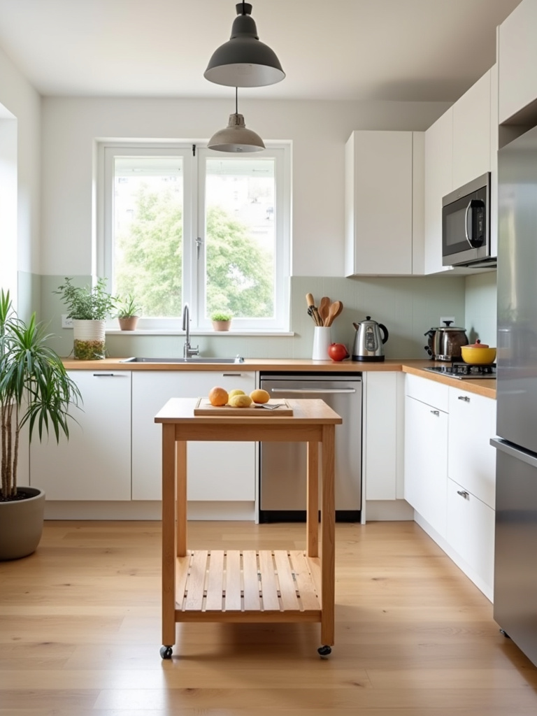 A folding light wood table functioning as a portable kitchen island within a bright and light-filled modern kitchen with silver appliances.