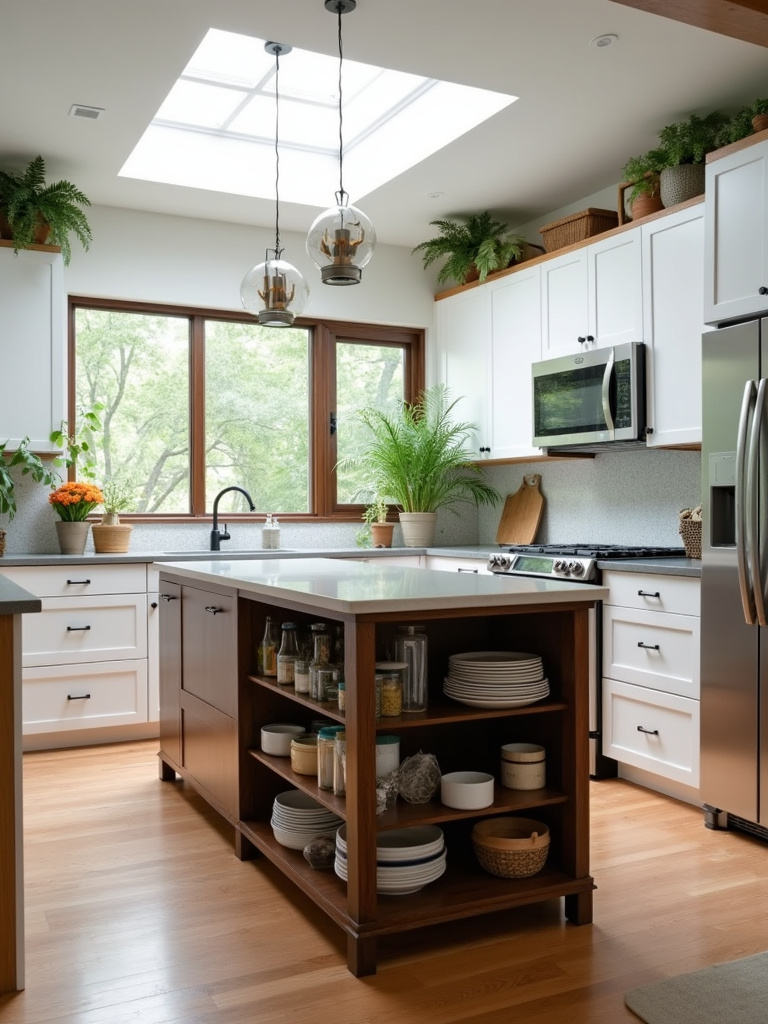 A freestanding, medium wood toned shelving unit being used as a functional kitchen island in a bright, well-organized modern kitchen.