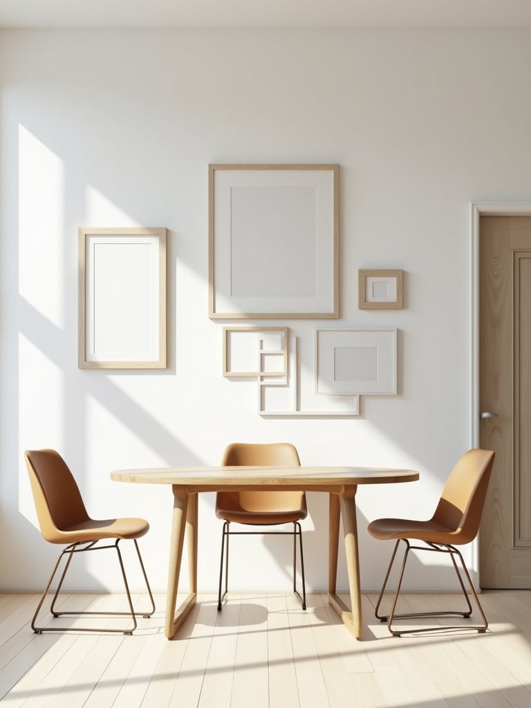 Light filled dining room with minimalist designs and a gallery art wall as a focal point.