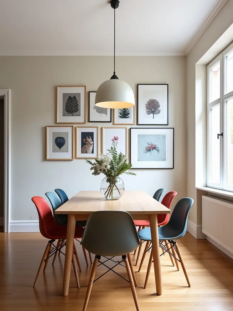 Dining room with a gallery wall accent featuring a variety of framed art prints