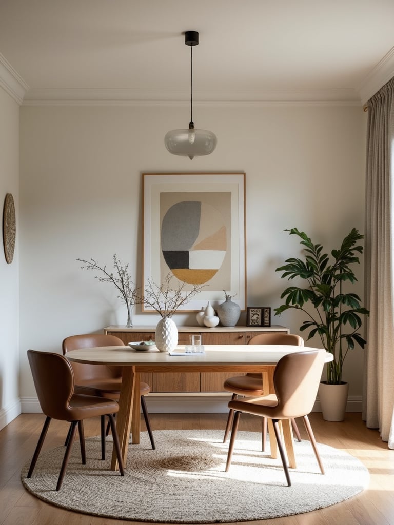 A bright contemporary dining room with a selection of geometric designs throughout the room.