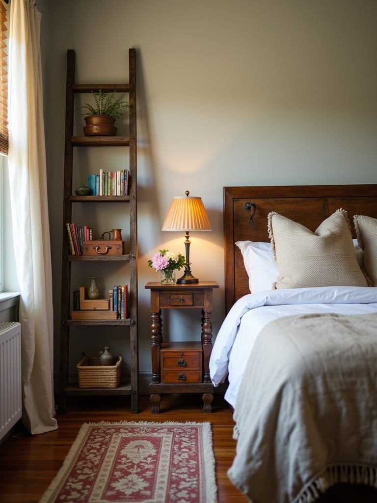 A bedroom scene featuring repurposed furniture, including an old ladder used as a bookshelf and a vintage suitcase as a nightstand
