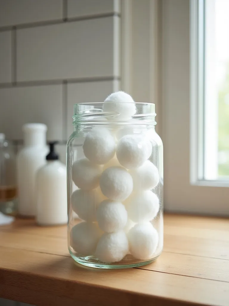 A clear glass jar filled with white cotton balls sitting on a wooden shelf