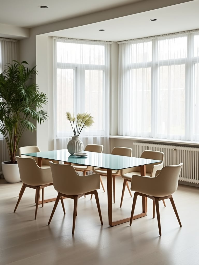 A modern glass table top is a centerpiece of this modern, bright dining area.