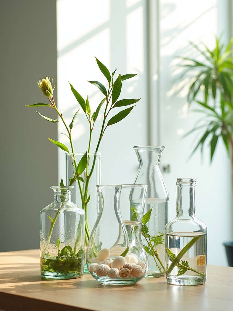 A variety of clear glass vases and jars are filled with various items as decorations