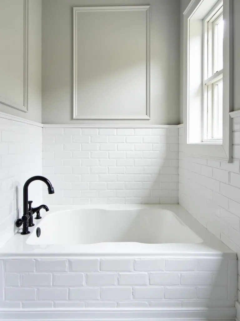 A classic bathroom with white subway tiles and ambient lighting