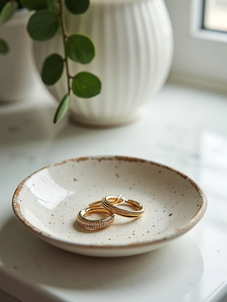 A bathroom counter with a handmade ceramic dish holding small pieces of jewelry