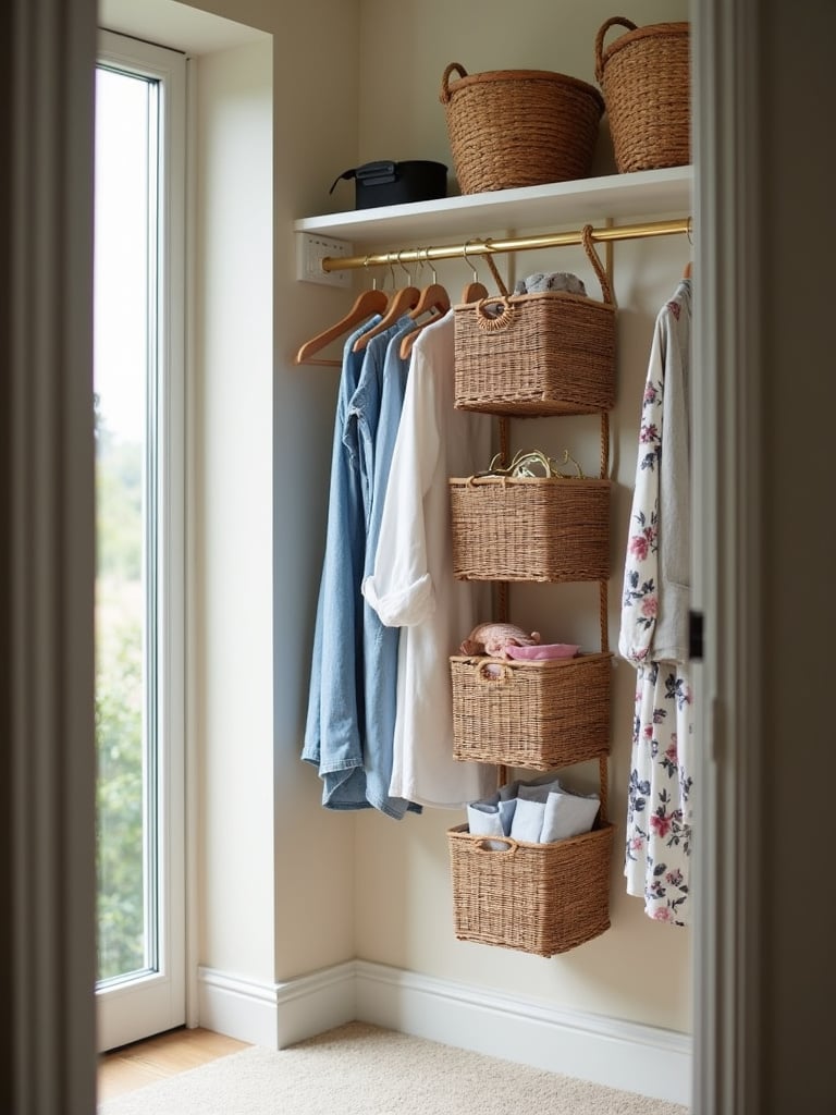 Small walk-in closet using hanging baskets as a storage system to hold accessories.