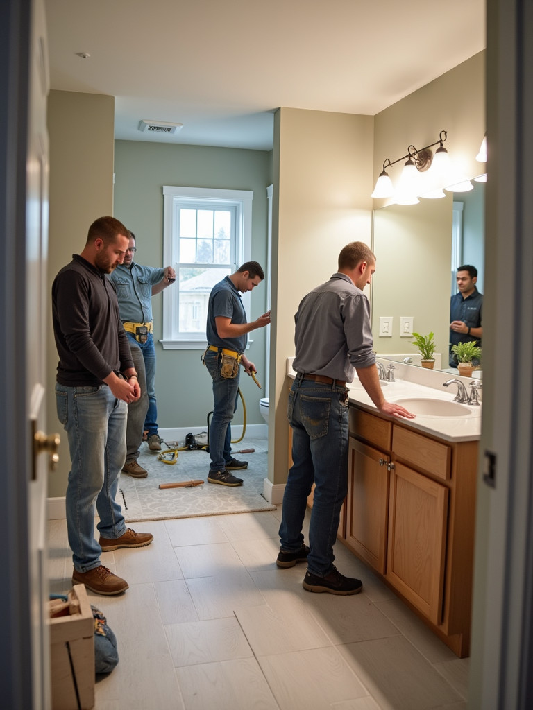 Construction team working on a bathroom remodeling project