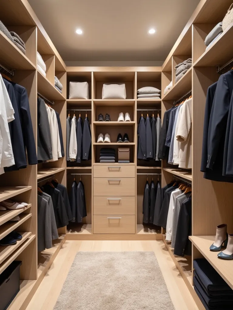 An organized walk-in closet with designated areas for each partner, including shelves, drawers, and rods for clothing
