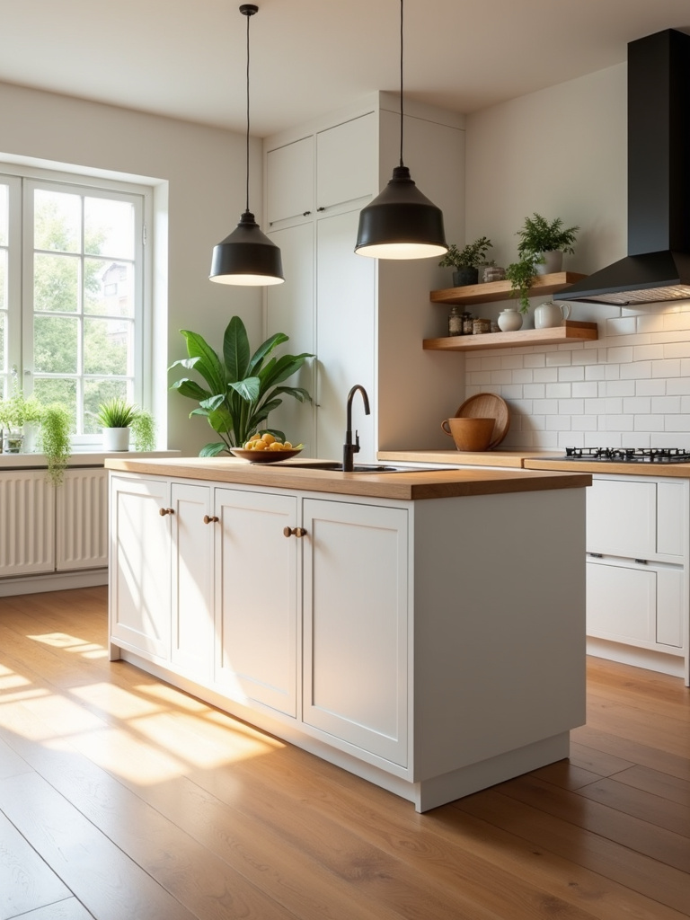 A modern and clean looking, IKEA hack kitchen island, with white cabinets, a wood top in a bright, modern kitchen setting with natural light.
