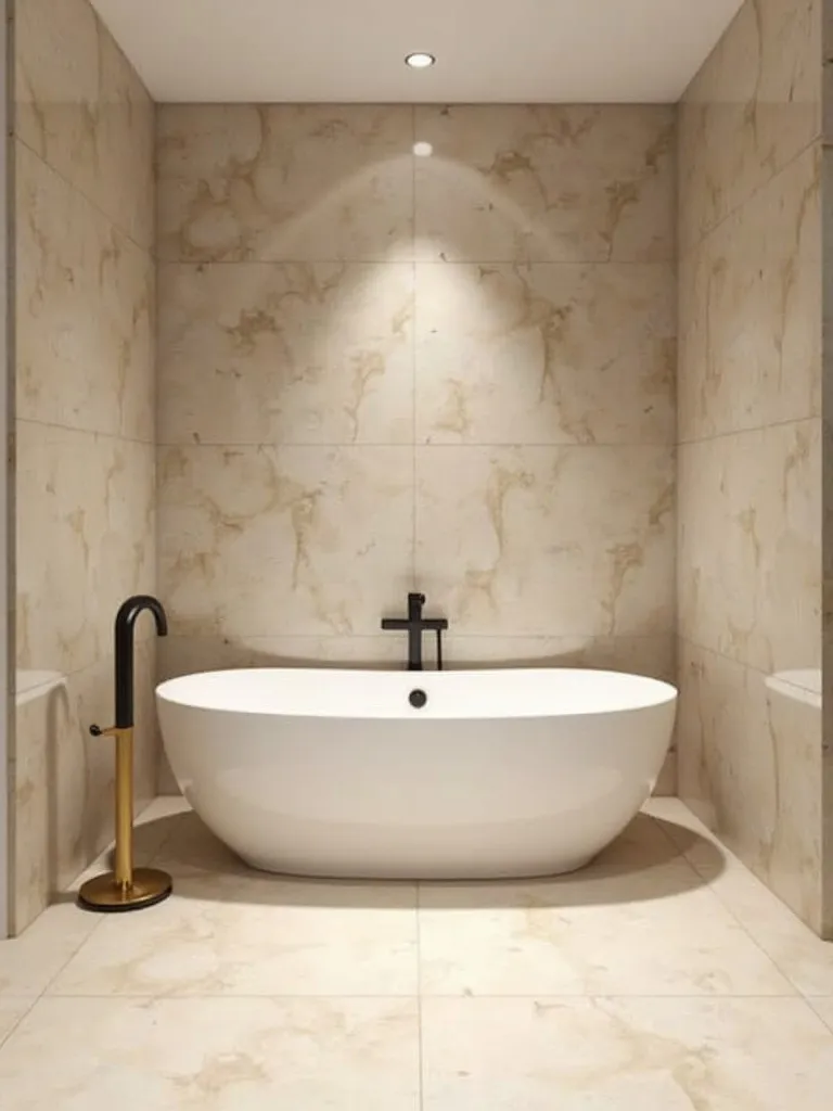 An elegant bathroom with natural stone elements and warm lighting