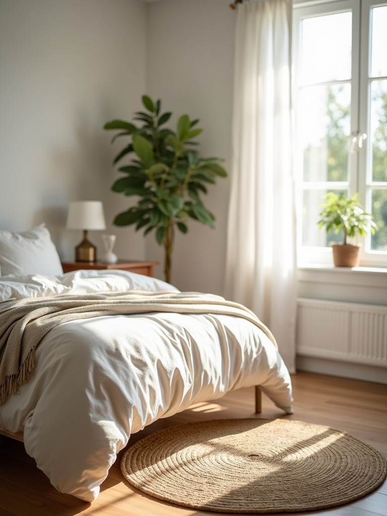 Bright bedroom with natural textures including linen and jute