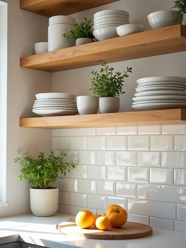 Open shelves in a kitchen displaying a curated selection of dishware and plants