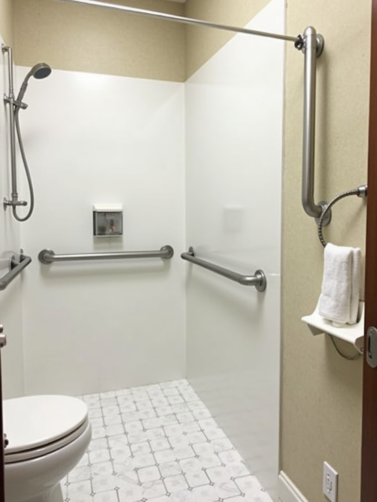 Bathroom with various safety features such as non-slip flooring and grab bars