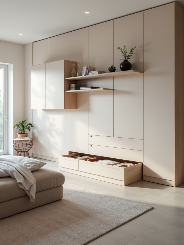 Minimalist bedroom featuring smart storage solutions