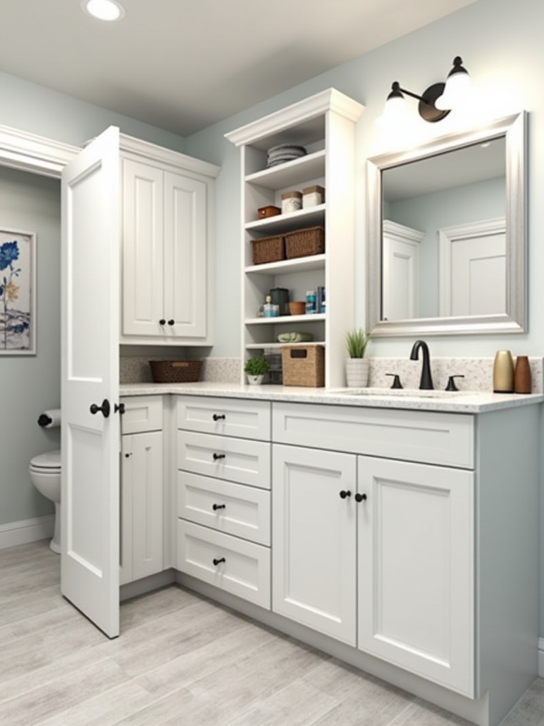 A photo highlighting different integrated storage solutions in a modern bathroom.