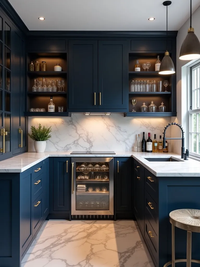 A modern home bar setup with open shelving, bar stools, and a beverage fridge in kitchen area