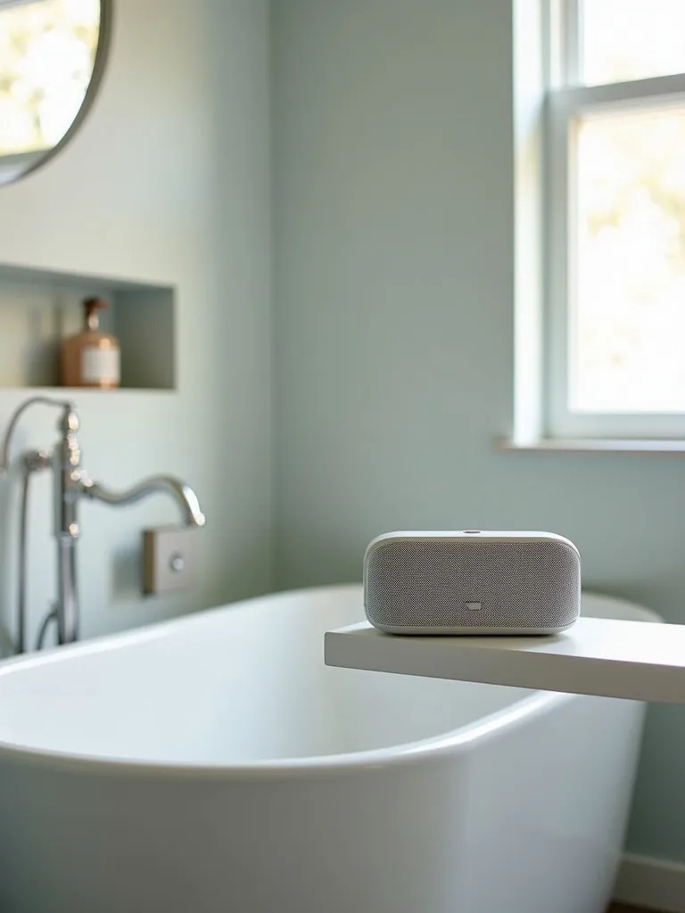 A contemporary bathroom with a waterproof bluetooth speaker and natural light