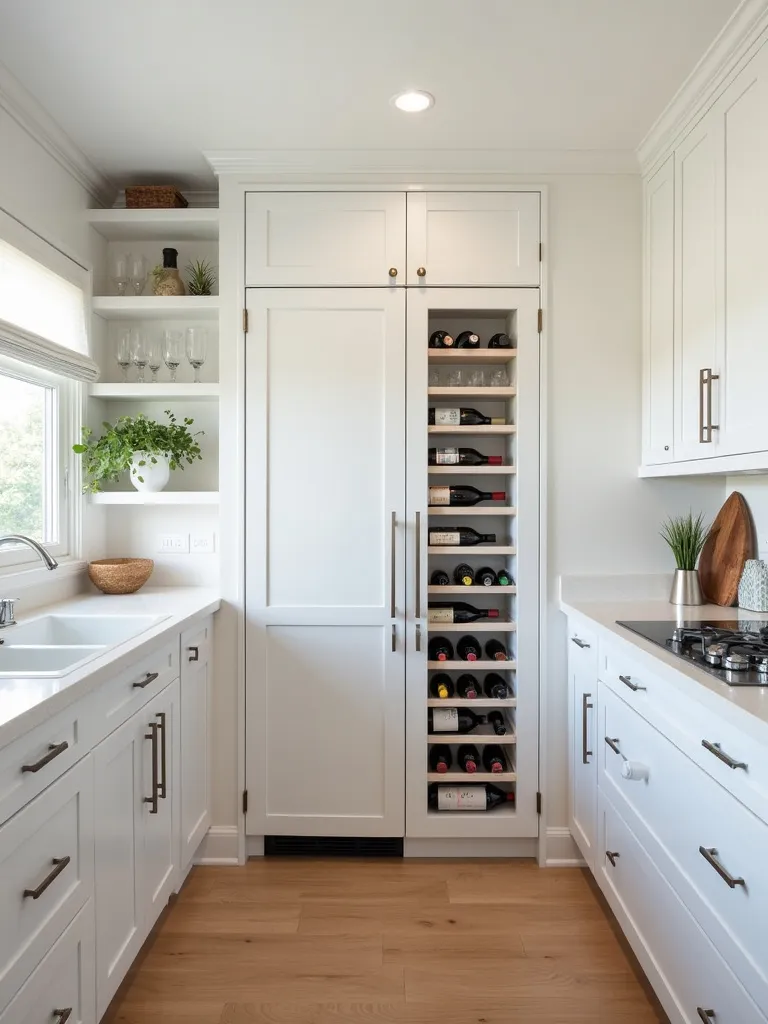 A modern kitchen featuring a custom built in wine rack in cabinets.