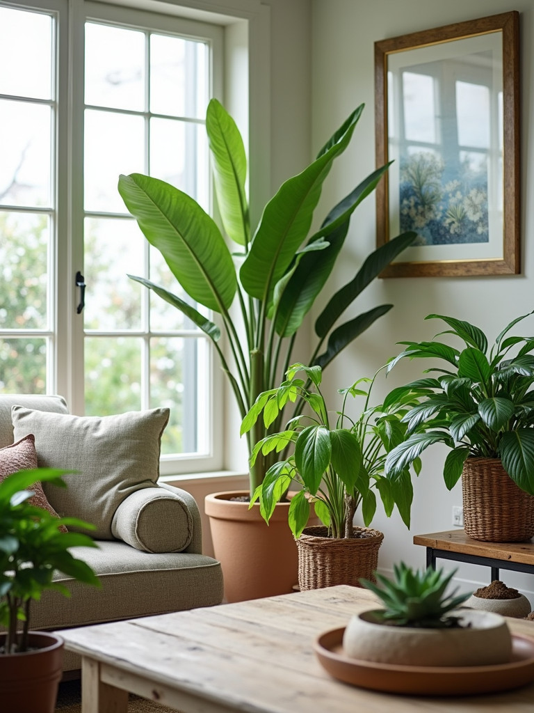 A variety of indoor plants are used to add natural elements to a coastal living room
