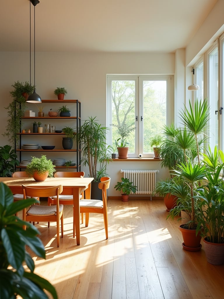 Modern dining space with natural wood accents and pops of color throughout the room with potted plants.