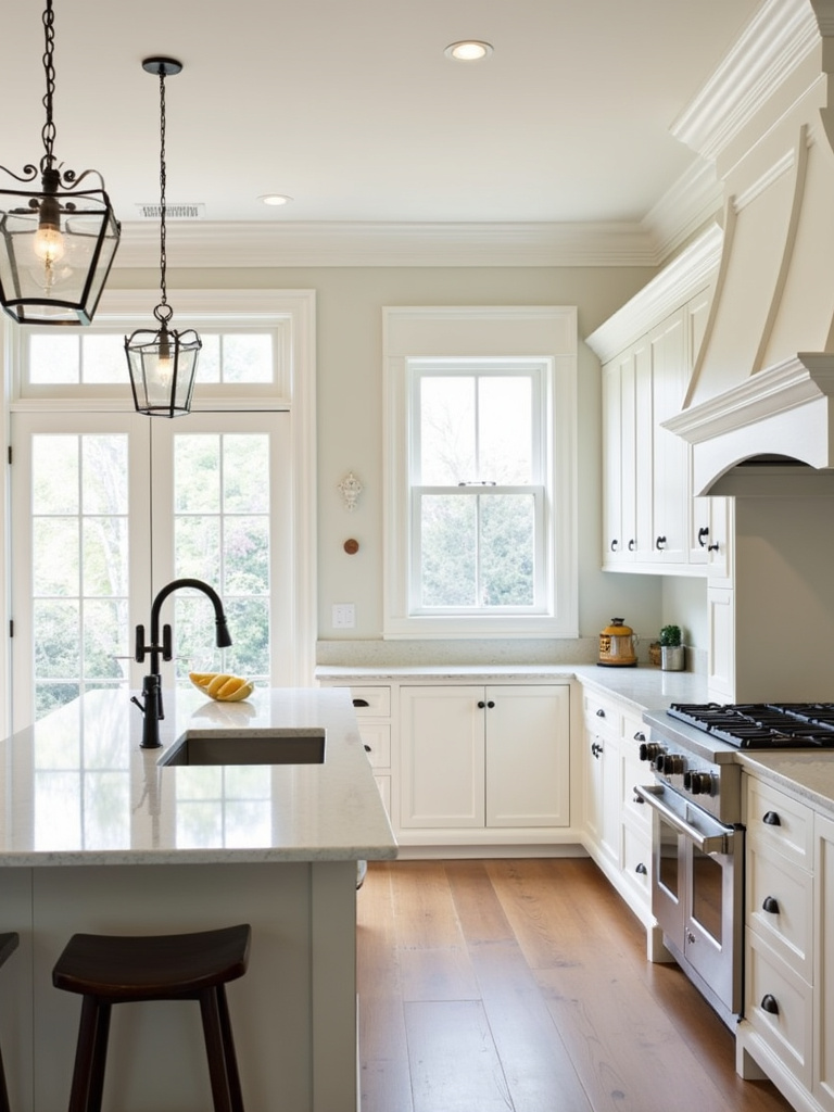 kitchen cabinets with crown molding and soft ambient lighting.