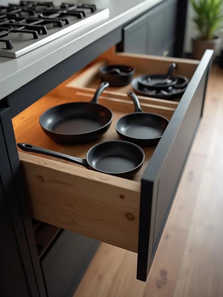Pull out drawers in a cabinet full of organized pots and pans.
