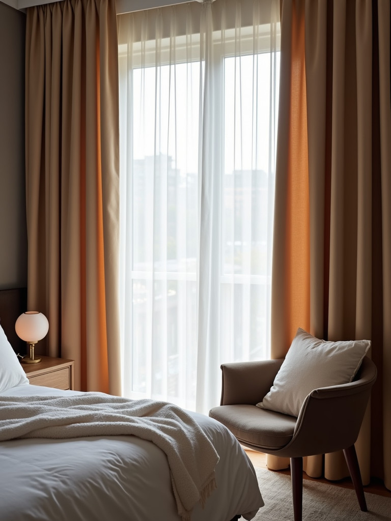 Modern bedroom with stylish drapes covering the window