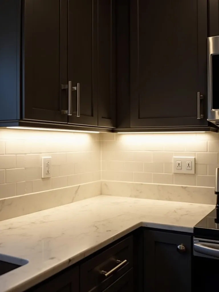 Under cabinet lighting on white kitchen countertops