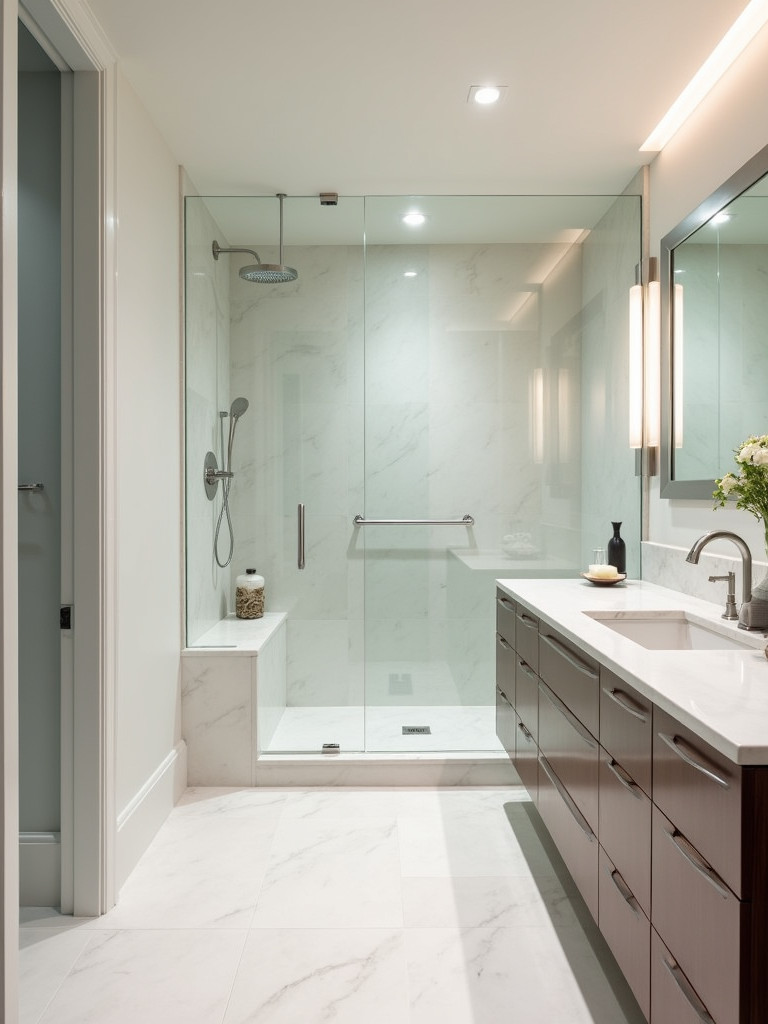 Spacious, modern bathroom with a walk-in shower and built-in bench