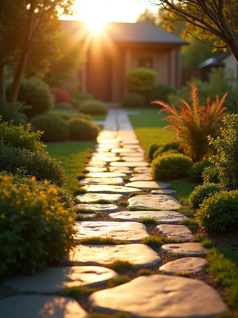 Flagstone pathway through a front yard during golden hour