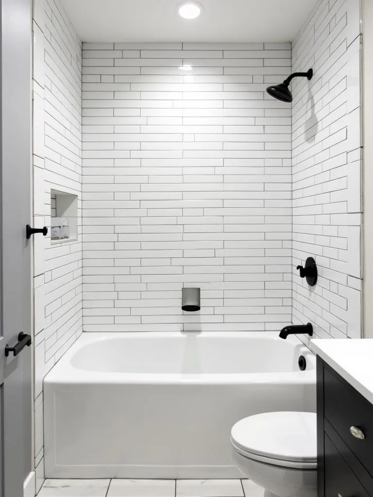 A modern bathroom with a stylish shower-bathtub combo