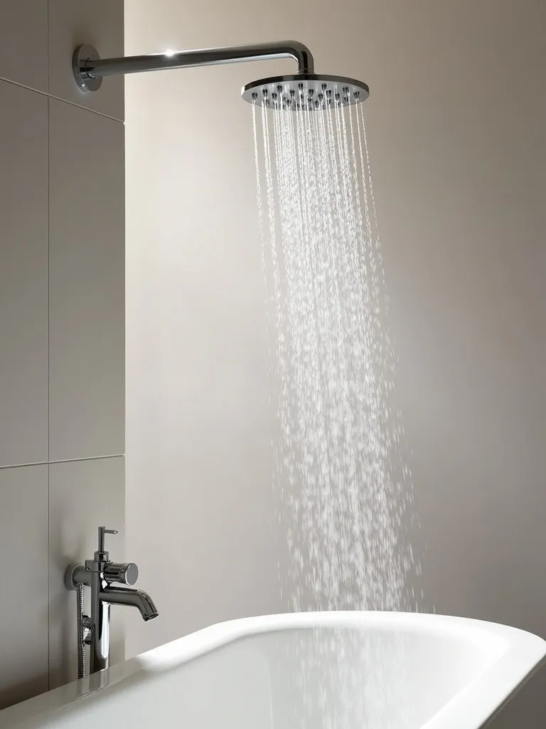 A modern bathroom with a rainfall showerhead and soft lighting