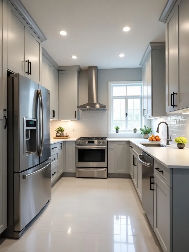 A kitchen equipped with a central smart hub and modern stainless steel appliances