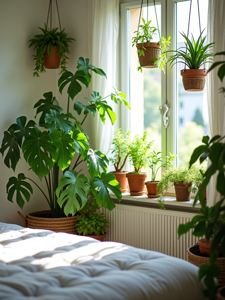 Bedroom filled with various indoor plants and natural light