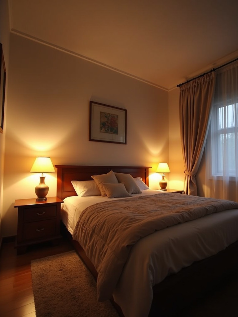 Bedroom featuring a variety of layered warm lighting
