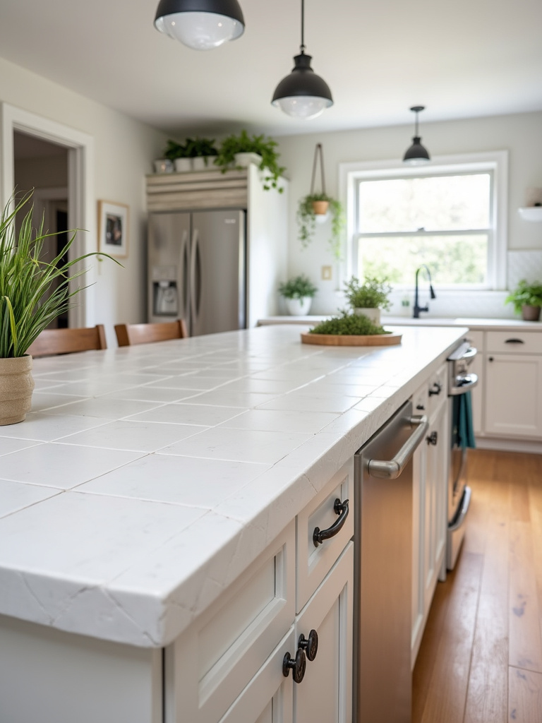 A DIY kitchen island featuring an inexpensive white tile countertop, in a modern kitchen setting with neutral decor and wood accents.