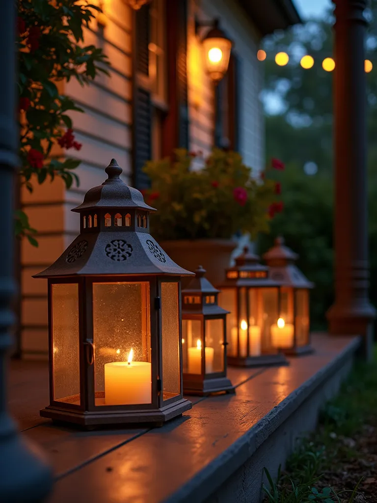 A front porch at night, featuring glowing lanterns and candle holders.