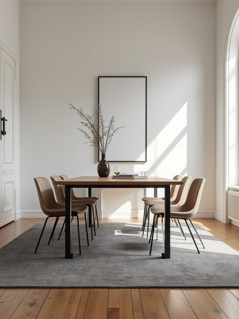 A modern dining room with a table on a large gray area rug, surrounded by wood flooring.