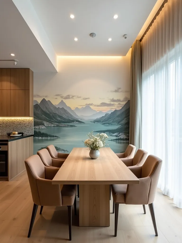 Modern dining room with a large abstract landscape mural as an accent wall