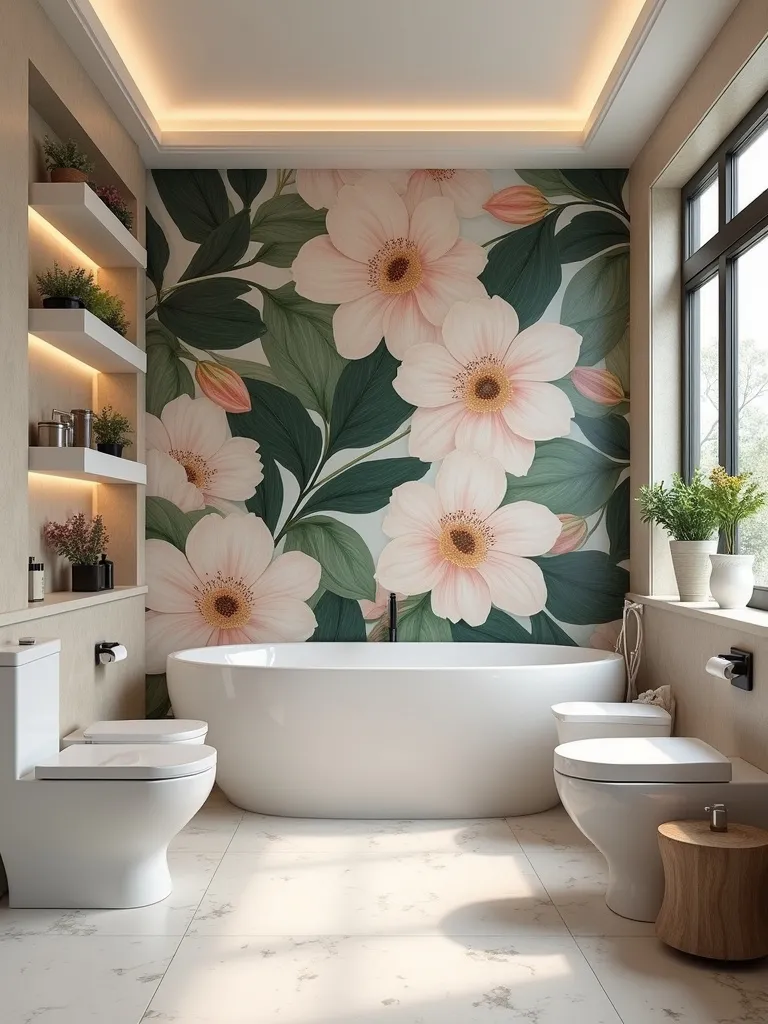 Small bathroom with a large floral print on the wall.