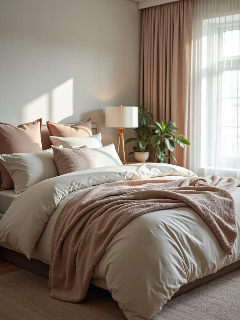 A king-sized bed featuring layers of comfortable and stylish bedding, including sheets, comforters, blankets, and pillows