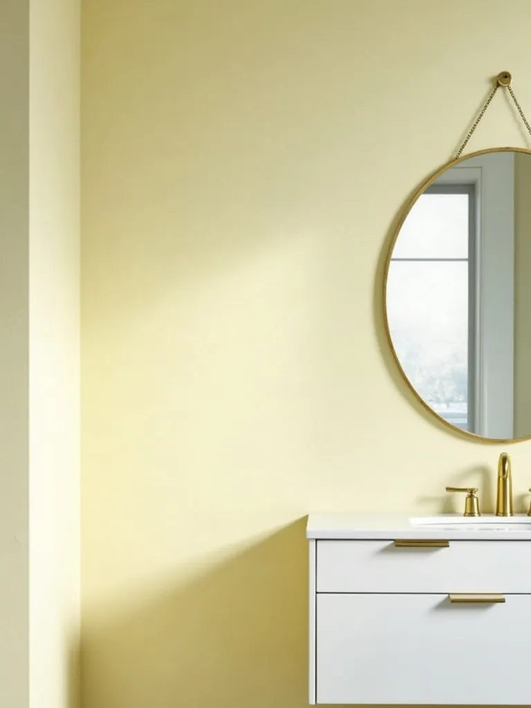 Bright bathroom with light yellow textured wallpaper.